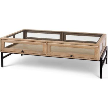 Arelius 42 Inch Rectangular Light Brown Wood With Black Metal Base Display Coffee Table