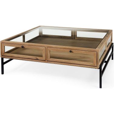 Arelius 42 Inch Square Glass-Top Light Brown With Black Metal Base Display Coffee Table