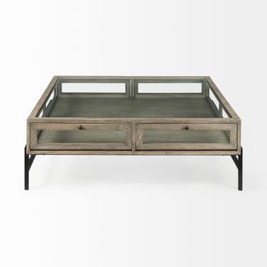 Arelius 42 Inch Square Glass-Top Wood with Metal Base Display Coffee Table In Black