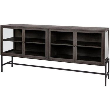 Arelius Black-Brown Wood And Black Metal Base With 4 Glass Cabinet Doors Sideboard