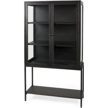 Arelius Dark Brown Wood With Black Metal Base Display Cabinet