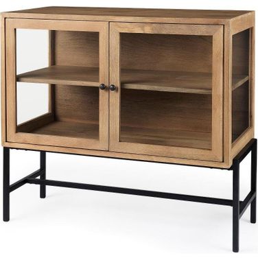 Arelius Light Brown Wood And Black Metal Base With 2 Glass Doors Accent Cabinet