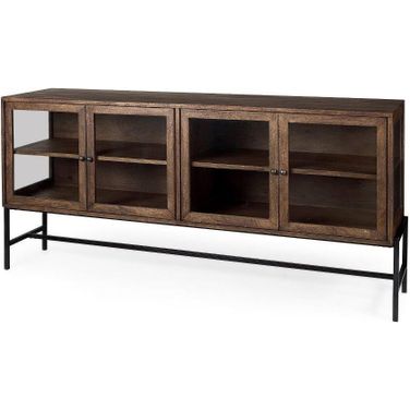 Arelius Medium Brown And Black Metal Base With 4 Glass Door Cabinets Sideboard