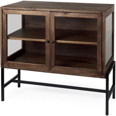 Arelius Medium Brown Wood And Black Metal Base With 2 Glass Doors Accent Cabinet