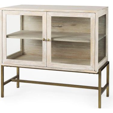 Arelius White Wood And Gold Metal Base With 2 Glass Doors Accent Cabinet