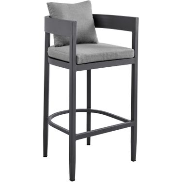 Argiope Outdoor Patio Bar Stool In Aluminum with Gray Cushions