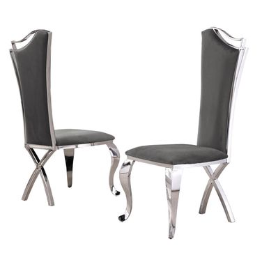 Aria Elegant Side Chairs Set of 2 In Dark Gray Velvet and Silver Stainless Steel