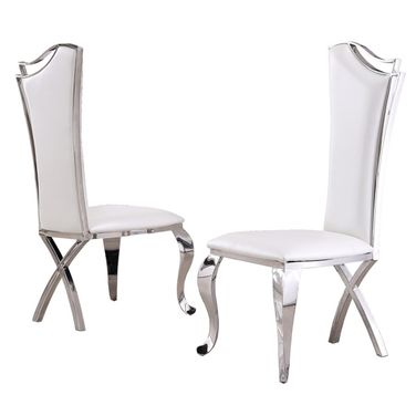 Aria Elegant Side Chairs Set of 2 In White Faux Leather and Silver Stainless Steel