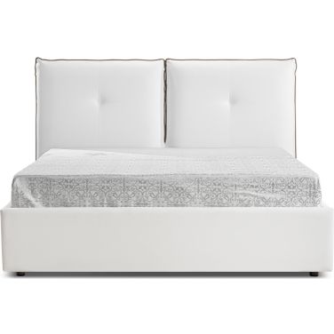 Aria Queen Size Bed In White Pu-Leather With Taupe Pu Piping And Storage
