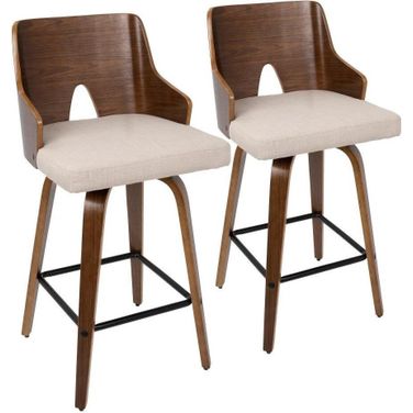Ariana 26 Inch Mid-Century Modern Counter Stool In Walnut And Beige Fabric - Set Of 2