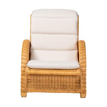 Aries Natural Rattan Handwoven Wicker Chaise Lounge Chair with Cushion and Rolled Backrest In Light Honey and White