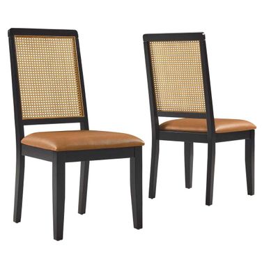Arlo Vegan Leather Upholstered Faux Rattan and Wood Dining Side Chair Set of 2 In Black and Natural