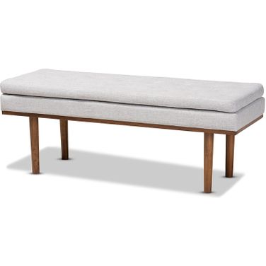 Arne Mid-Century Modern Greyish Beige Fabric Upholstered Walnut Finished Bench