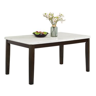 Aron Dining Table In White Faux Marble and Dark Wood Legs