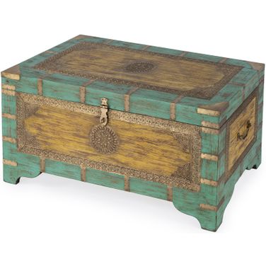 Artifacts Nador Hand-Painted Brass Inlay Storage Trunk Coffee Table In Blue and Yellow