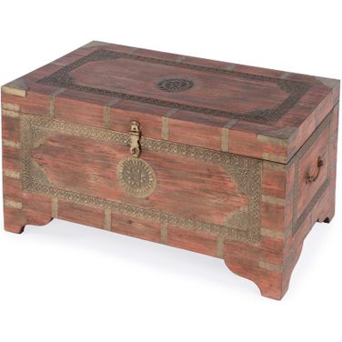 Artifacts Nador Hand-Painted Brass Inlay Storage Trunk Coffee Table In Pink