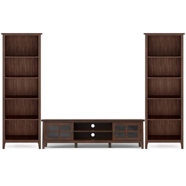 Artisan Solid Wood 72 Inch Low TV Stand with 26 Inch 5 Shelf Bookcases Set of 3 In Russet Brown