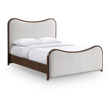 Arvada Linen Textured Fabric Upholstered Queen Bed In Beige and Brushed Walnut