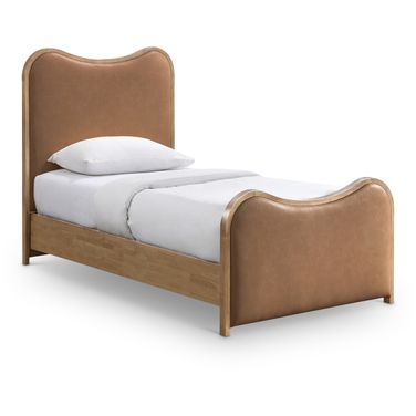 Arvada Vegan Leather Upholstered Twin Bed In Cognac and Brushed Natural