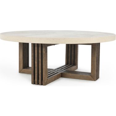 Aspen 47 Inch Round Coffee Table In Distressed Brown and Antique White