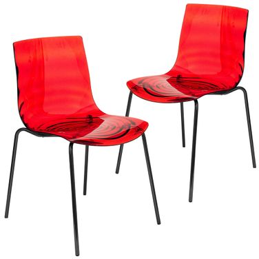 Astor Water Ripple Design Dining Chair Set of 2 In Black Base and Transparent Red Seat
