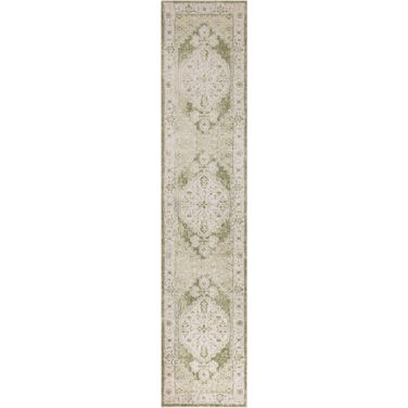 Astra Machine Washable 2'2" x 10' Vintage Indoor Rug In Ivory and Green