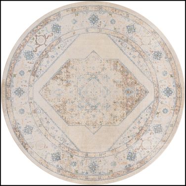 Astra Machine Washable 7'10" x 7'10" Round Vintage Indoor Rug In Ivory Blue