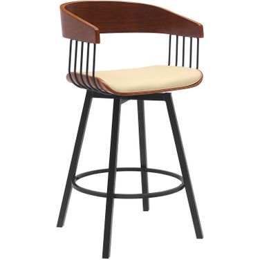 Athena 27 Inch Swivel Walnut Wood Counter Stool In Cream Faux Leather with Black Metal