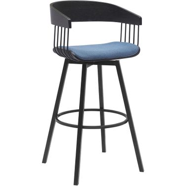 Athena 31 Inch Swivel Black Wood Bar Stool In Blue Fabric with Black Metal
