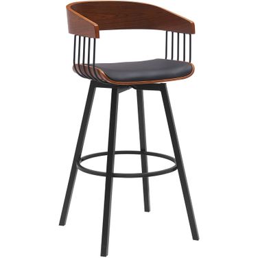 Athena 31 Inch Swivel Walnut Wood Bar Stool In Black Faux Leather with Black Metal