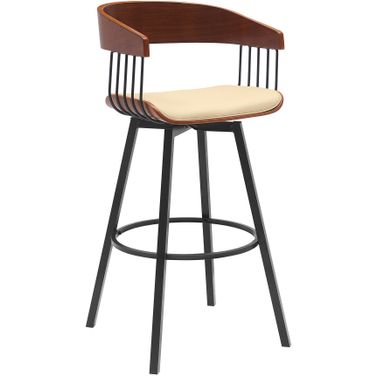Athena 31 Inch Swivel Walnut Wood Bar Stool In Cream Faux Leather with Black Metal