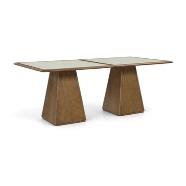 Atrium 78 Inch Glass and Cane Top with Solid Wood Base Dining Table In Brown