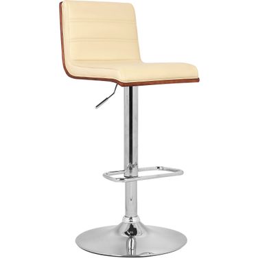 Aubrey Adjustable Height Swivel Cream Faux Leather and Chrome Bar Stool with Walnut Wood