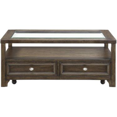 Auburn Brown Cherry Glass Top Cocktail Table With Casters