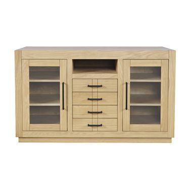 Auburn Hills 50 Inch Media Console with Tempered Glass Doors, Drawers and Adjustable Shelves In Light Oak