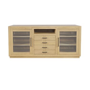Auburn Hills 70 Inch Media Console with Tempered Glass Doors, Drawers and Adjustable Shelves In Light Oak