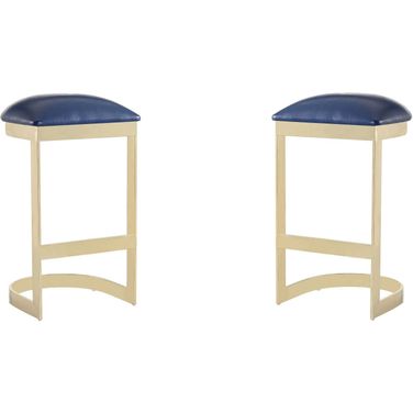 Aura Bar Stool in Blue and Polished Brass (Set of 2)