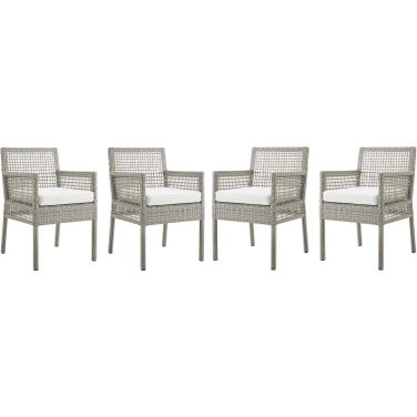 Aura Gray and White Dining Arm Chair Outdoor Patio Wicker Rattan Set of 4
