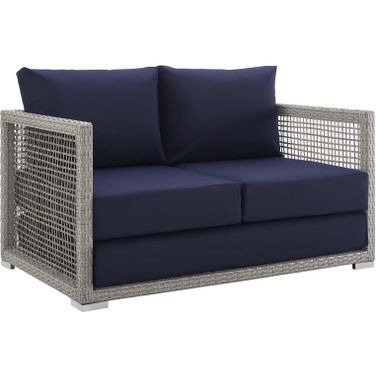 Aura Gray Navy Outdoor Patio Wicker Rattan Loveseat