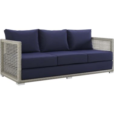 Aura Gray Navy Outdoor Patio Wicker Rattan Sofa
