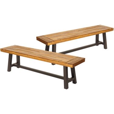 Aura Outdoor Bench with Slat Top and Metal Legs In Brown - Set of 2