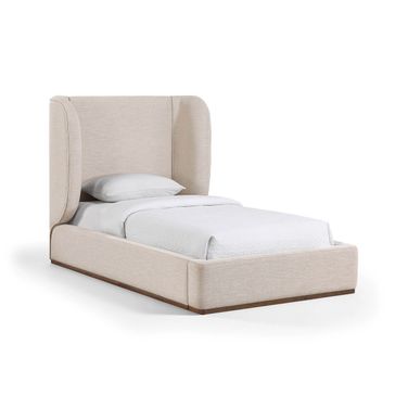 Aurin Linen Textured Fabric Upholstered Twin Bed In Beige