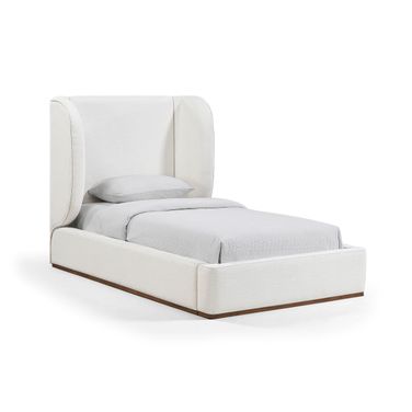 Aurin Linen Textured Fabric Upholstered Twin Bed In Cream