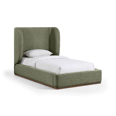 Aurin Linen Textured Fabric Upholstered Twin Bed In Olive Green