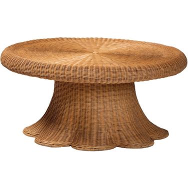 Avalon Natural Rattan Round Coffee Table with Scalloped Pedestal Base In Light Honey