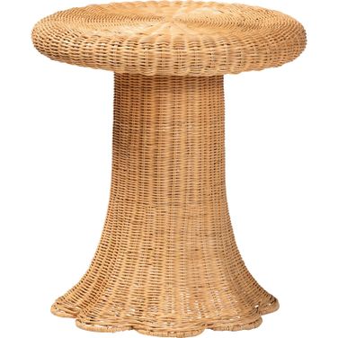Avalon Scallop Natural Rattan Round Pedestal Side Table In Light Honey