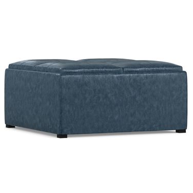 Avalon Vegan Faux Leather Square Coffee Table Storage Ottoman In Denim Blue