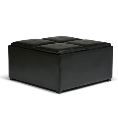 Avalon Vegan Faux Leather Square Coffee Table Storage Ottoman In Midnight Black