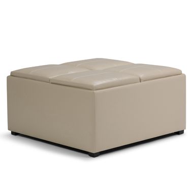 Avalon Vegan Faux Leather Square Coffee Table Storage Ottoman In Satin Cream