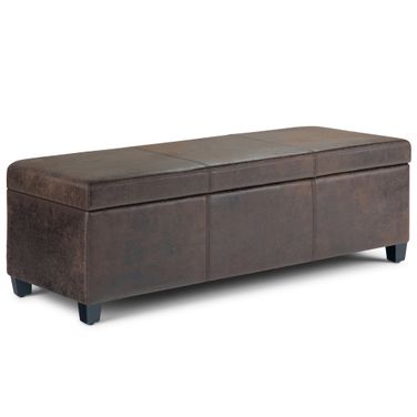 Avalon Vegan Faux Leather Storage Ottoman Bench In Distressed Brown